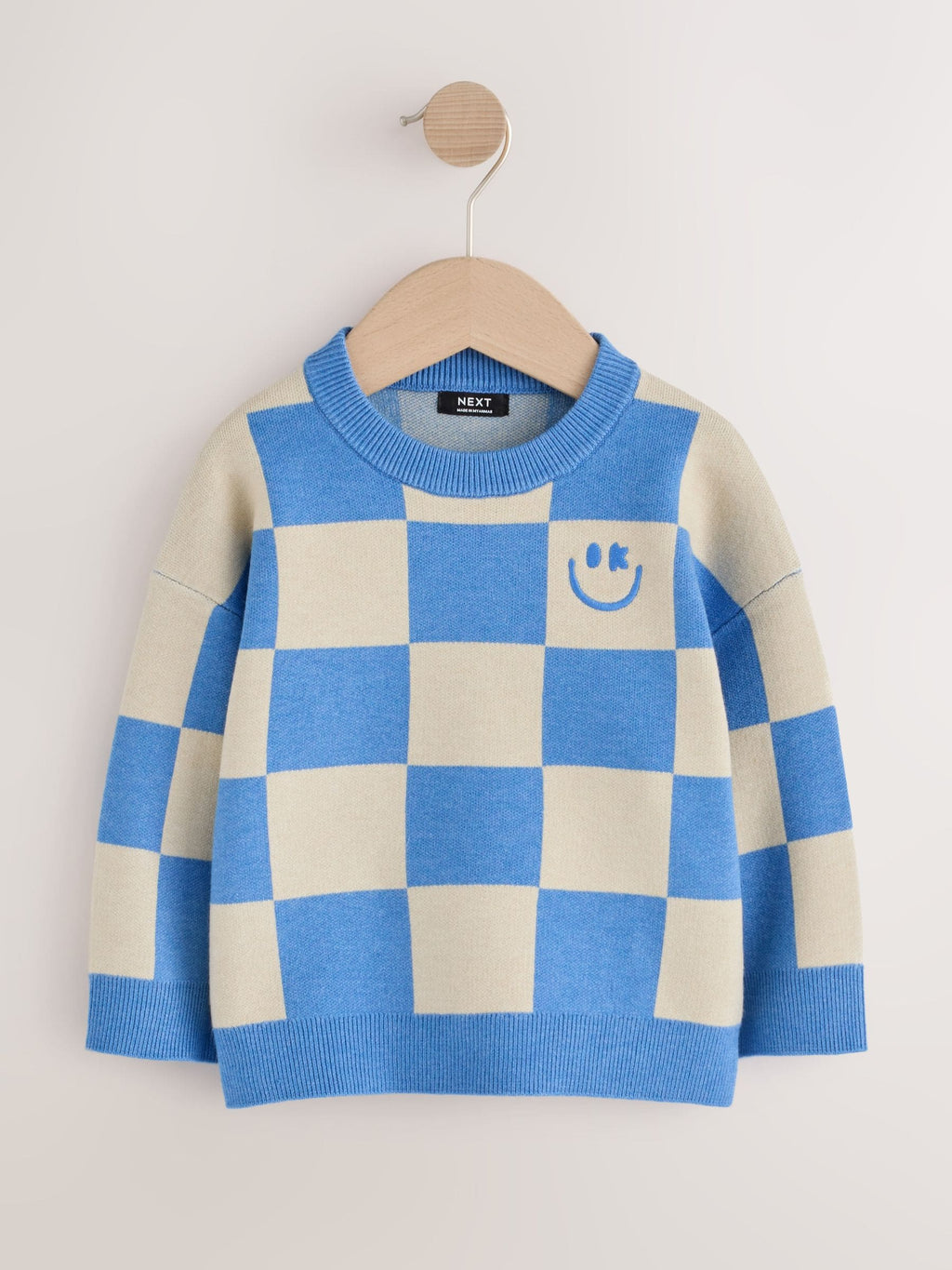 Blue Checkerboard Knitted Crew Neck Jumper (3mths-7yrs)
