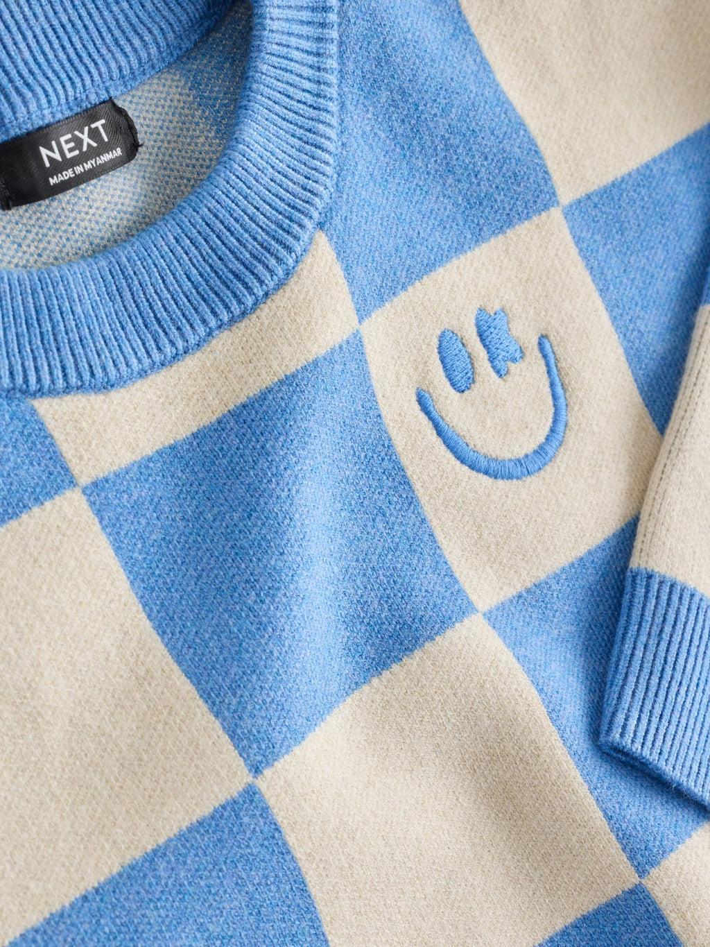 Blue Checkerboard Knitted Crew Neck Jumper (3mths-7yrs)