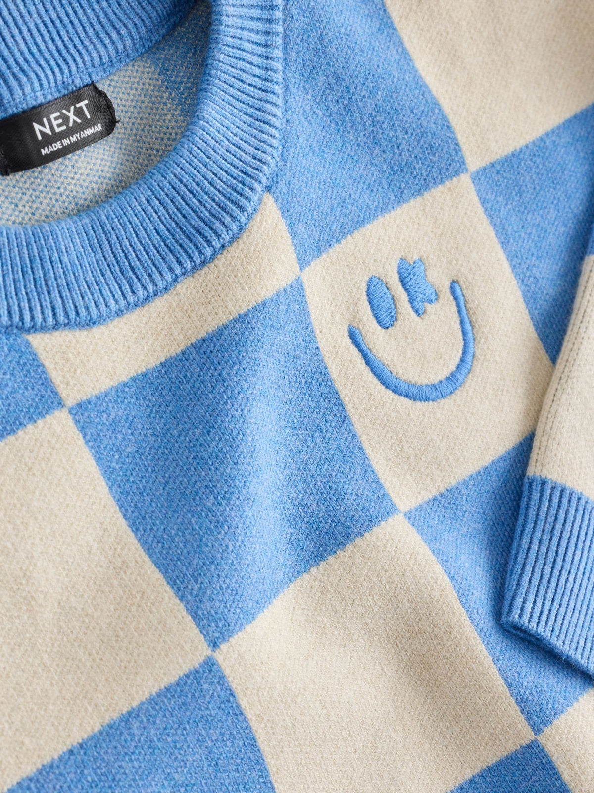 Blue Checkerboard Knitted Crew Neck Jumper (3mths-7yrs)