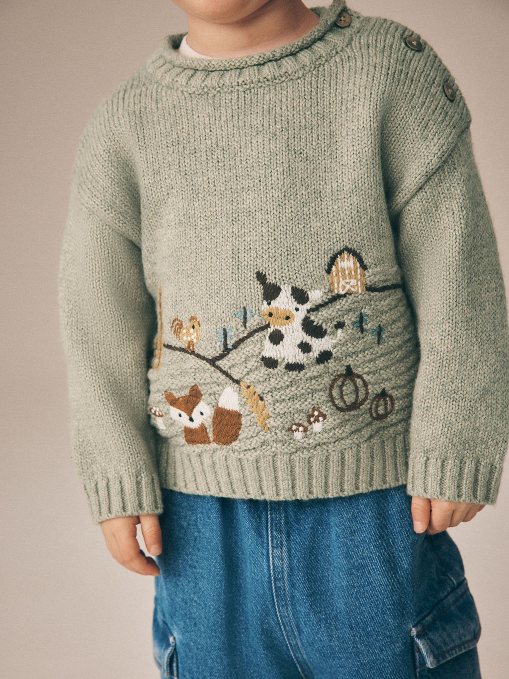 Sage Green Farm Character Knitted Crew Neck Jumper (3mths-7yrs)