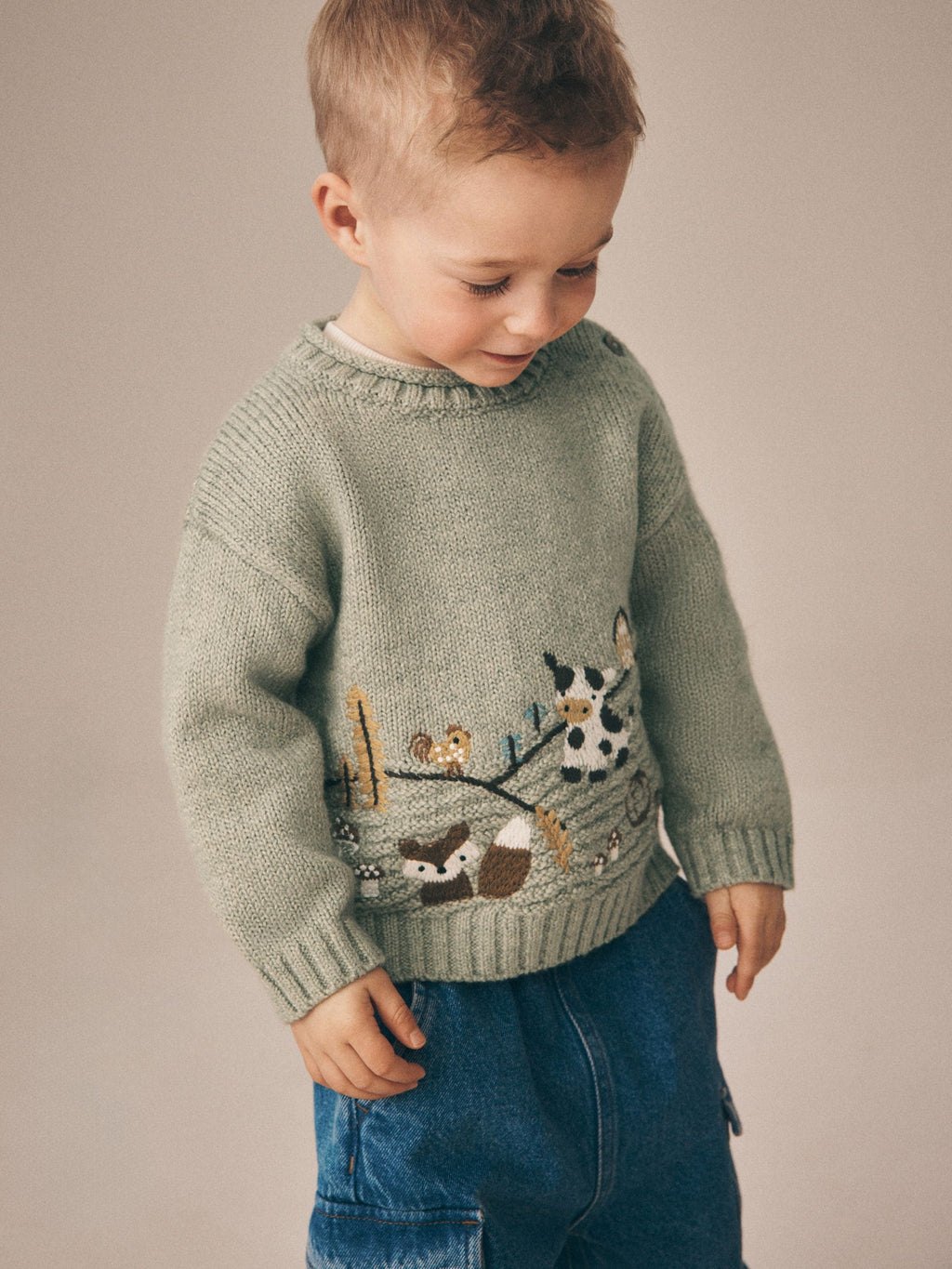 Sage Green Farm Character Knitted Crew Neck Jumper (3mths-7yrs)
