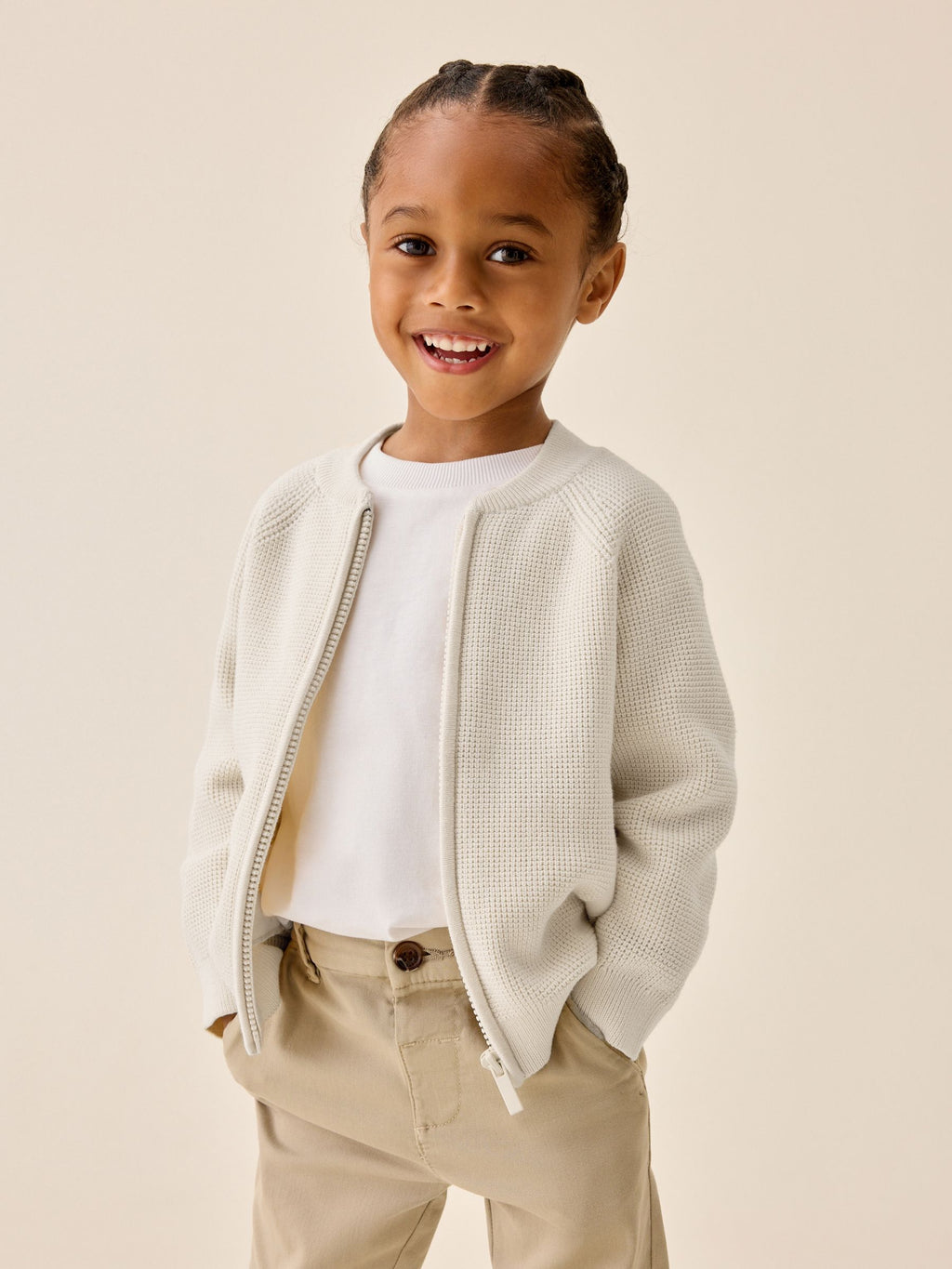 Ecru Textured Zip Up Knitted Bomber Cardigan (3mths-7yrs)