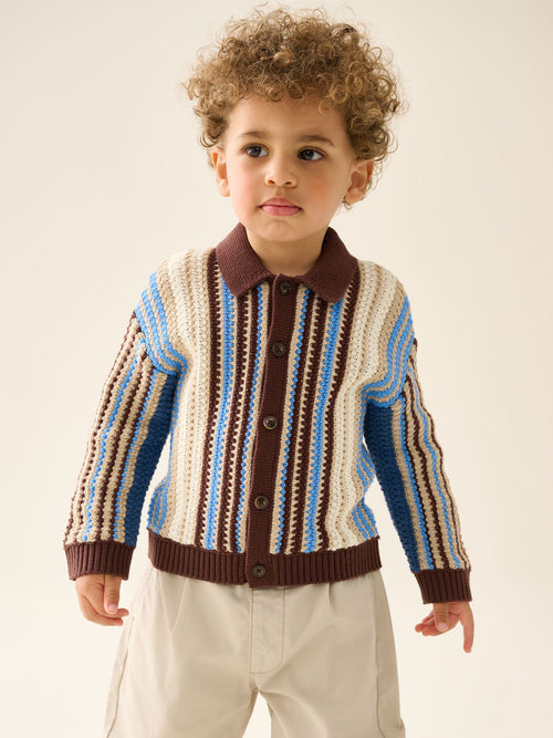 Blue/Brown Button Through Knitted Polo Shirt (3mths-7yrs)