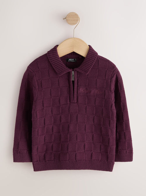 Plum Purple Textured Knitted Zip Neck Polo Shirt (3mths-7yrs)