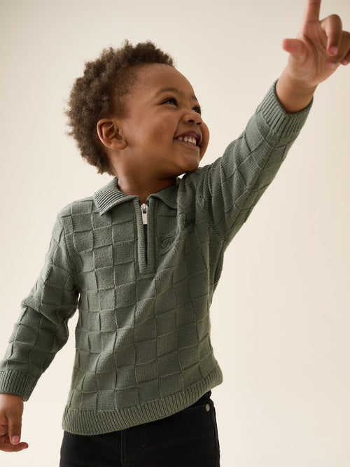 Green Textured Knitted Zip Neck Polo Shirt (3mths-7yrs)