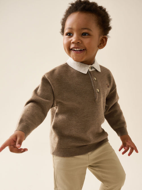Tan Brown Contrast Collar Button Neck Knitted Polo Shirt (3mths-7yrs)