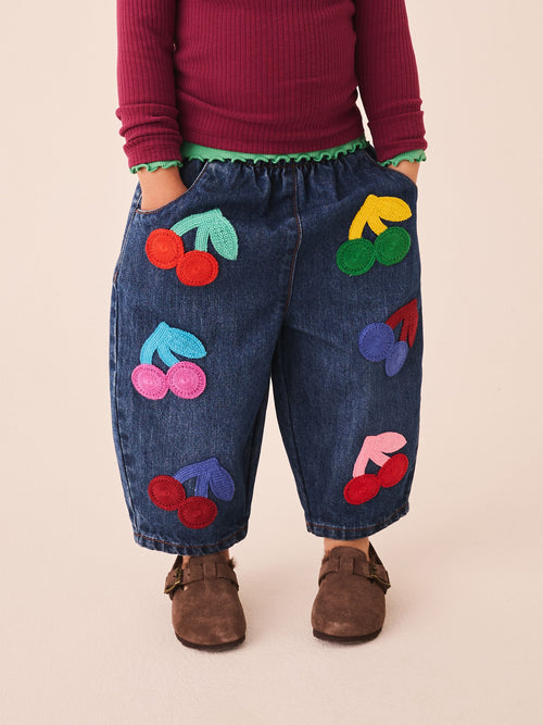 Rainbow Cherry Crochet Embroidered Barrel Jeans (3mths-7yrs)