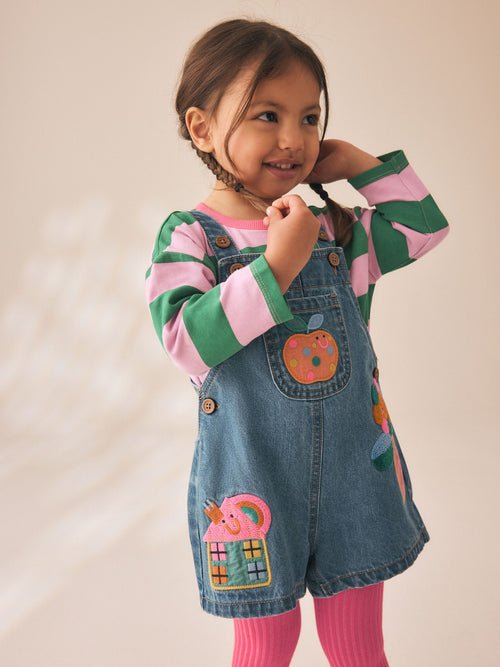 Denim Stripe T-Shirt Dungaree and Tights Set (3mths-7yrs)