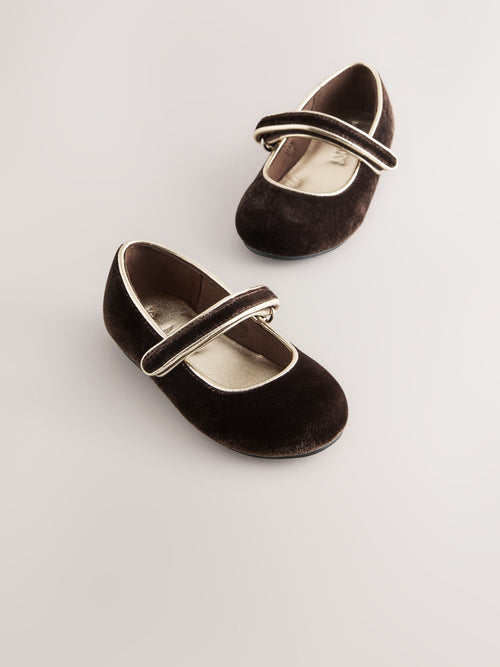 Chocolate Brown Velvet Standard Fit (F) Mary Jane Touch Fastening Occasion Shoes
