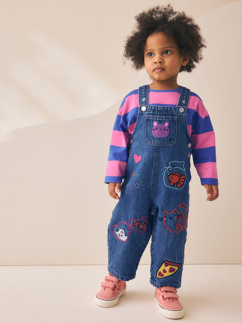 Blue/ Pink Stripe Embroidered Denim Dunagree Set (3mths-7yrs)