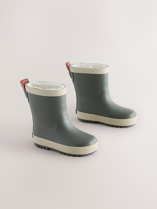Green Khaki Warm Lined Rubber Wellies