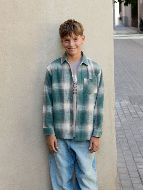 Green Check Long Sleeve 2PC Check Shirt and T-Shirt Set (3-16yrs)
