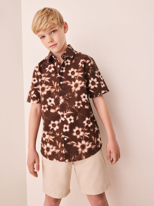 Chocolate Brown All Over Print Flowers Short Sleeve All Over Print Shirt (3-16yrs)