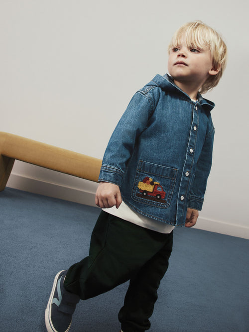 Denim Embroidery Transport Long Sleeve Hooded Overshirt (3mths-7yrs)