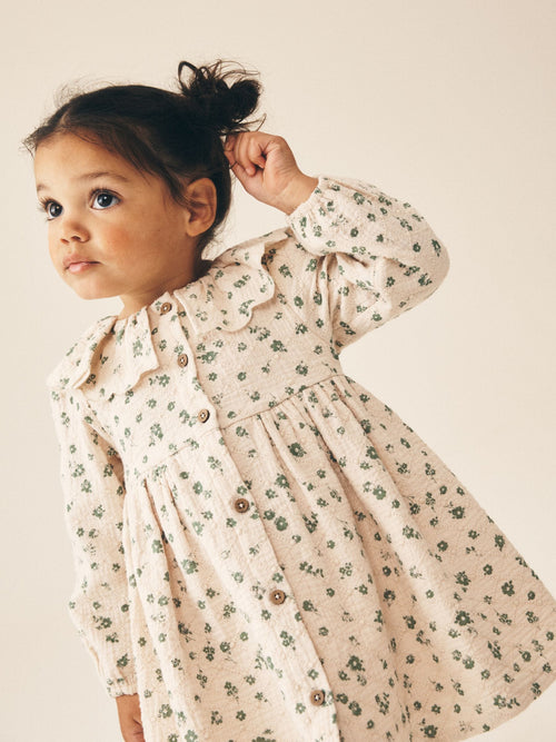 Ecru Ditsy Long Sleeve Collar Dress (3mths-8yrs)