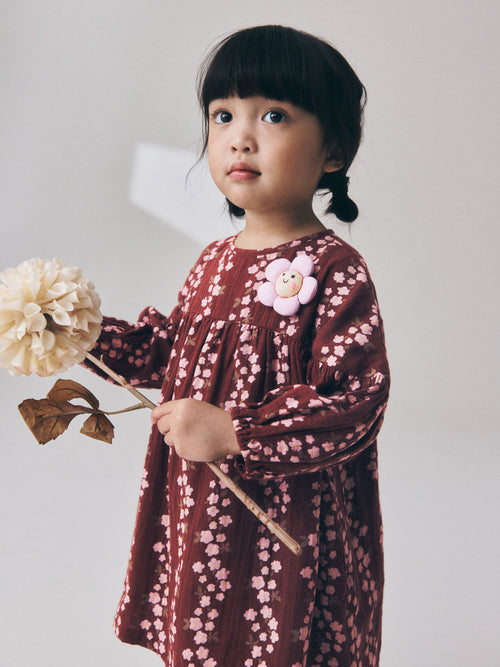 Chocolate Brown Flroal Long Sleeve Printed Dress (3mths-8yrs)