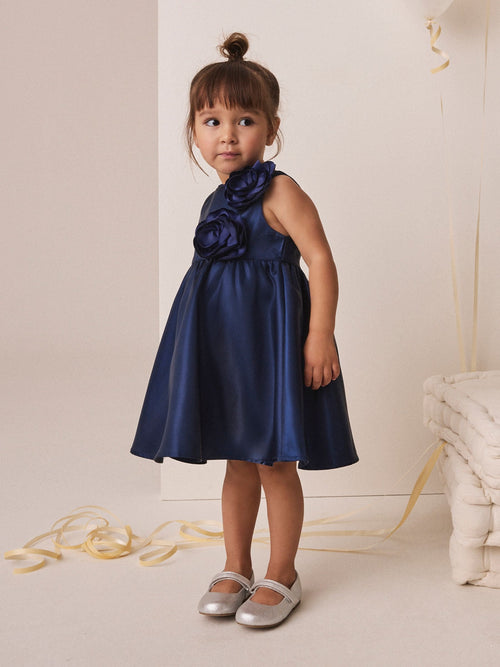 Metalic Blue 3D Corsage Occasion Dress (12mths-8yrs)