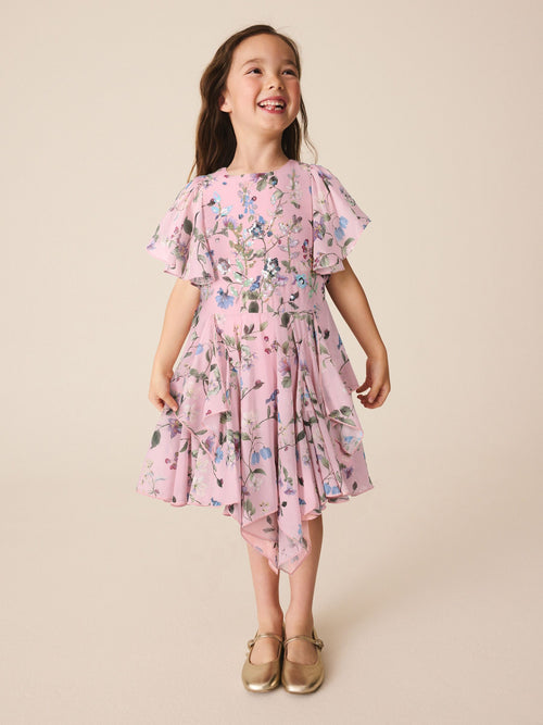 Dusky Pink Embellished Hanky Hem Dress (3-16yrs)