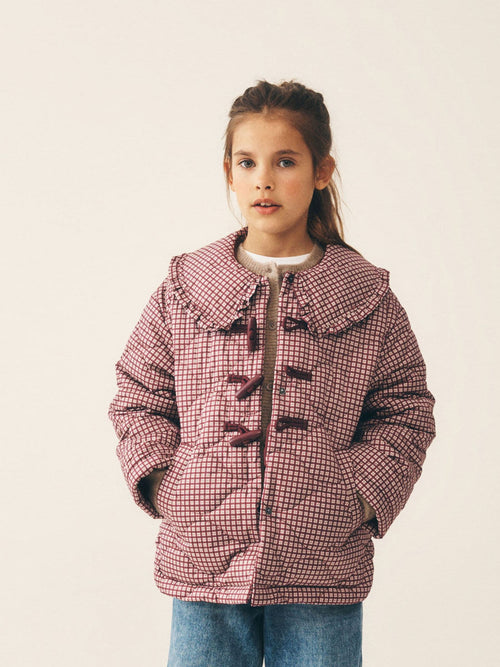 Burgundy Check Shower Resistant Frill Collar Quilted Jacket (4-13yrs)