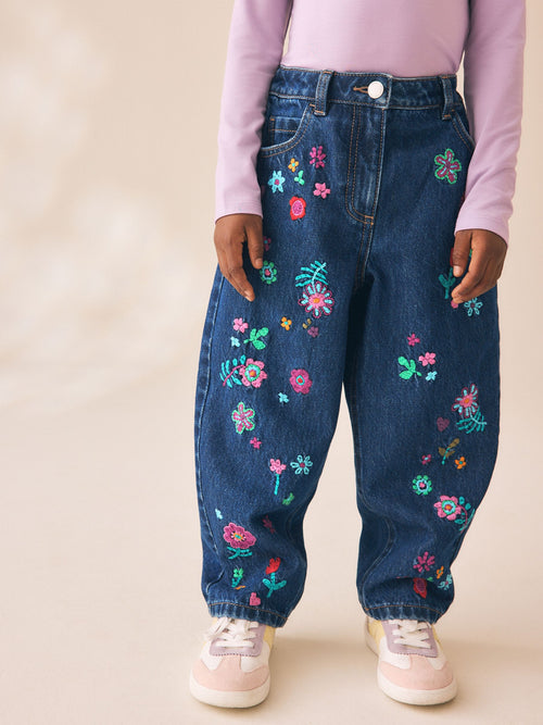 Floral Embroidery Barrel Jeans (3-16yrs)