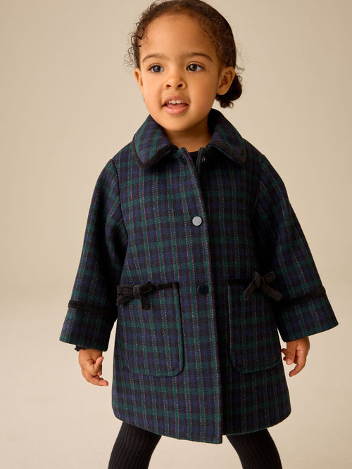 Navy Check Wool Blend Coat with Bow Details (3mths-8yrs)