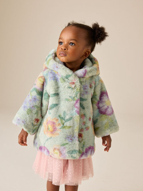 Sage Green Floral Faux Fur Hooded Coat (12mths-7yrs)
