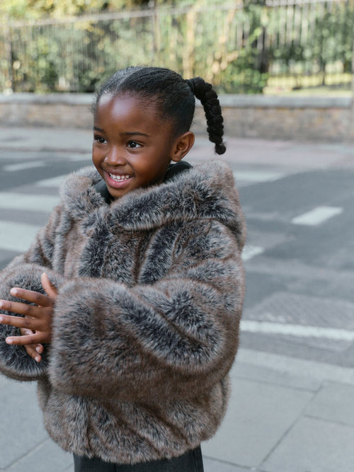 Warm Brown Faux Fur Coat With Hood (3-16yrs)