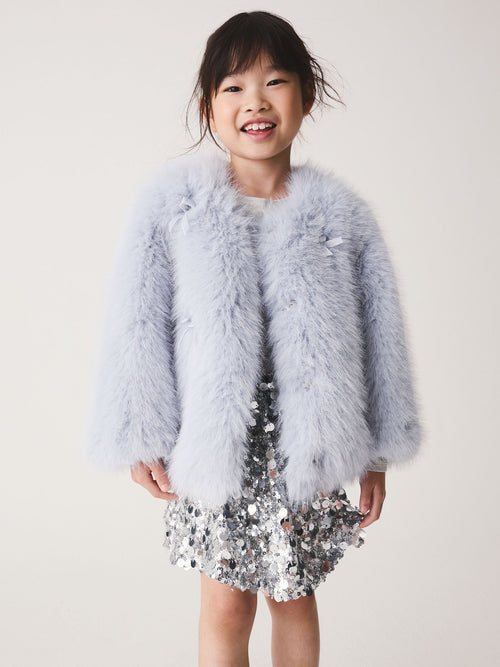 Light Blue Bow Embellished Faux Fur Coat (3-16yrs)
