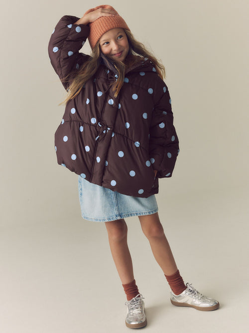 Chocolate Brown Polka Dot Shower Resistant Padded Coat (3-16yrs)