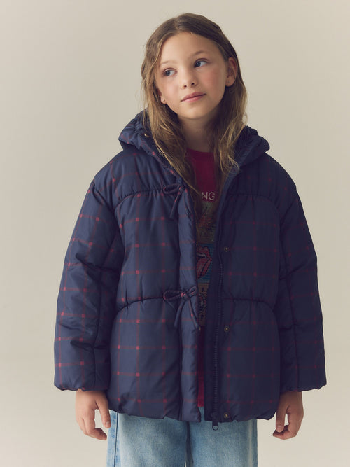 Navy Blue Check Shower Resistant Padded Coat (3-16yrs)