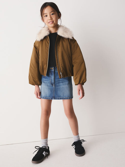 Olive Green Faux Fur Collar Satin Bomber Jacket (4-16yrs)