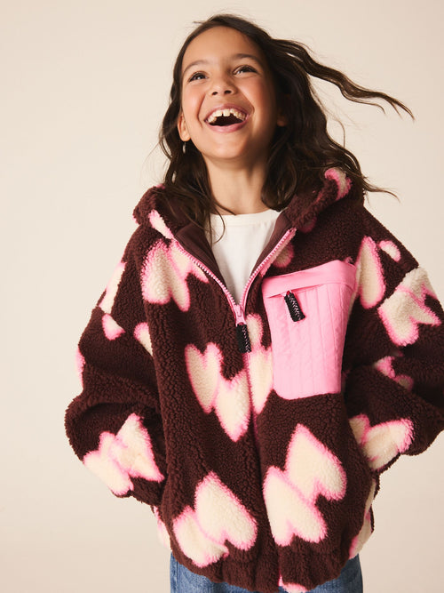 Brown/Pink Heart Zip Up Hoodied Borg Jacket (3-16yrs)