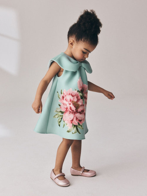 Green Sleeveless Diamante Scuba Collar Dress (3mths-7yrs)