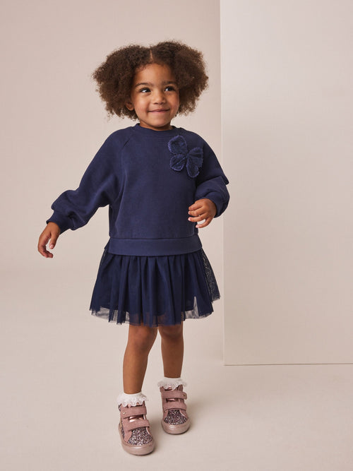 Navy Bow Long Sleeve Sweat Dress (3mths-7yrs)
