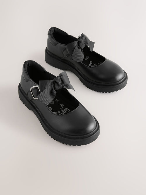 Black Matt Standard Fit (F) Leather Bow Chunky Mary Jane School Shoes