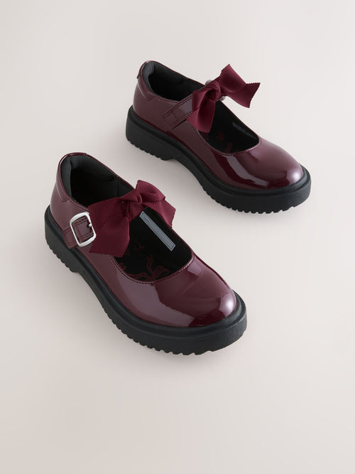 Burgundy Red Standard Fit (F) Bow Chunky Mary Jane School Shoes