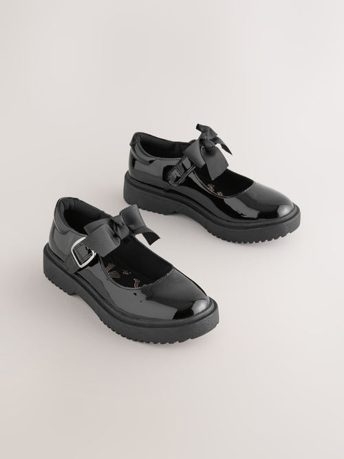 Black Patent Wide Fit (G) Leather Bow Chunky Mary Jane School Shoes