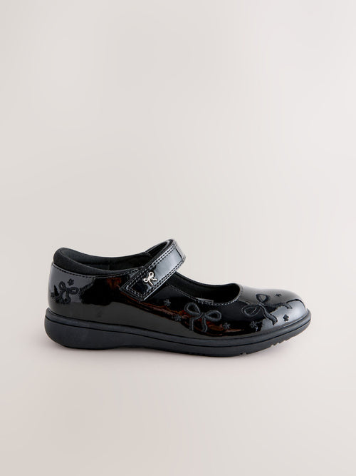 Black Patent Wide Fit (G) Embroidery Bow Mary Jane School Shoes
