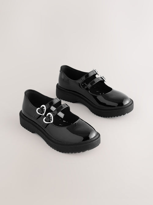 Black Patent School Chunky Double Buckle Mary Jane Shoes