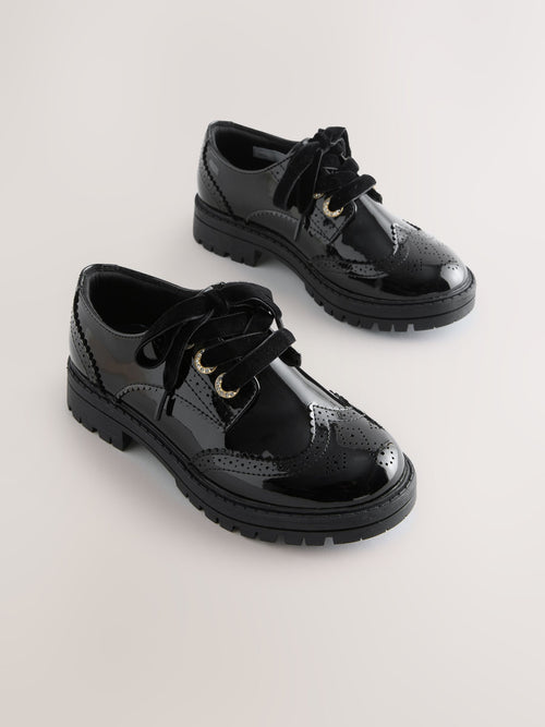 Black Patent Brogue Chunky Lace Up School Shoes