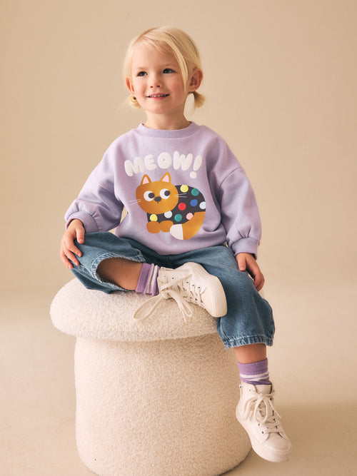 Lilac Purple Spot Cat Crew Neck Sweatshirt (3mths-7yrs)