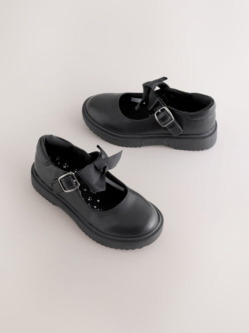 Black Matt Narrow Fit (E) Bow Chunky Mary Jane School Shoes