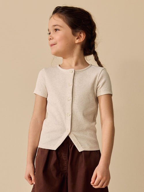 Oatmeal Short Sleeve Ribbed Cardigan (3-16yrs)