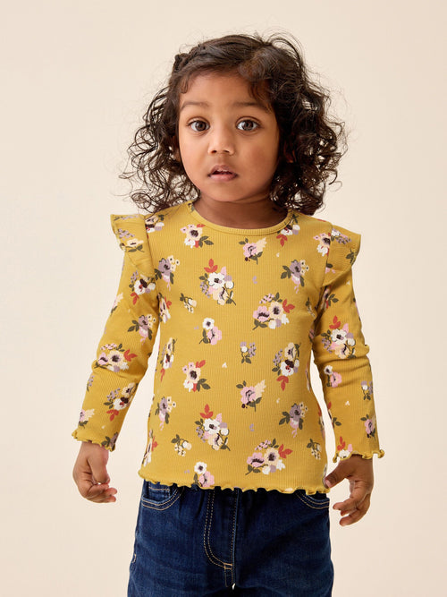 Green Pink Floral Rib Long Sleeve T-Shirt (3mths-7yrs)