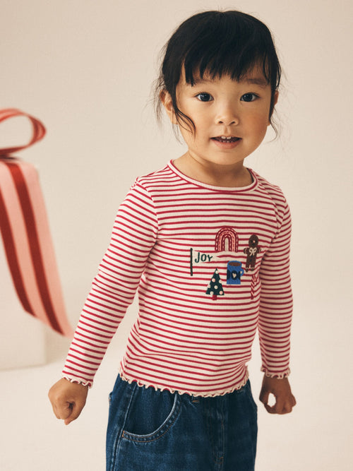 Red Stripe Christmas Embroidery Ribbed Long Sleeve Top (3mths-7yrs)