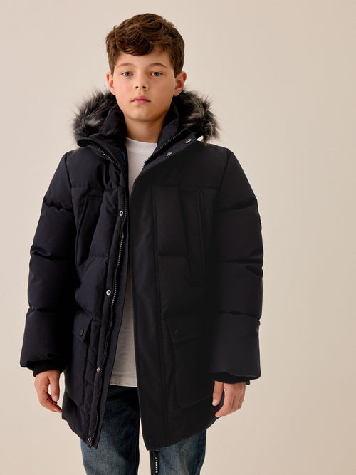 Black Heavyweight Shower Resistant Faux Fur Trim Parka Coat (3-16yrs)