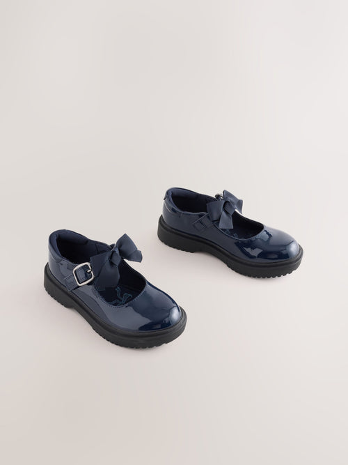 Navy Patent Wide Fit (G) Bow Chunky Mary Jane School Shoes