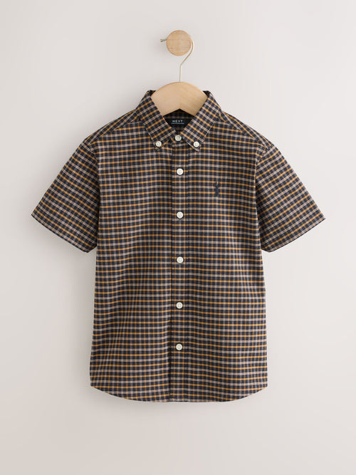 Chocolate Brown Gingham Logo Short Sleeve Cotton Rich Oxford Shirt (3-16yrs)