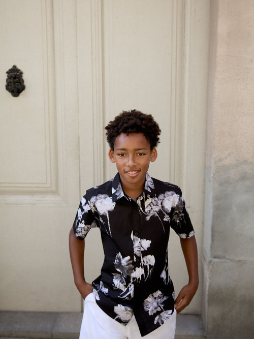 Black Flowers Short Sleeve All Over Print Shirt (3-16yrs)