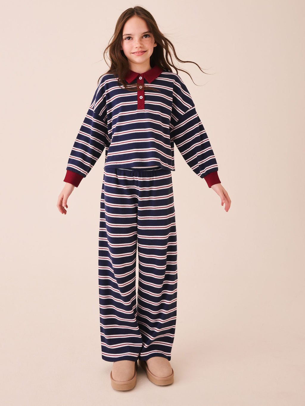 Navy/Red Rugby Top And Wide Leg Trousers Set (3-16yrs)